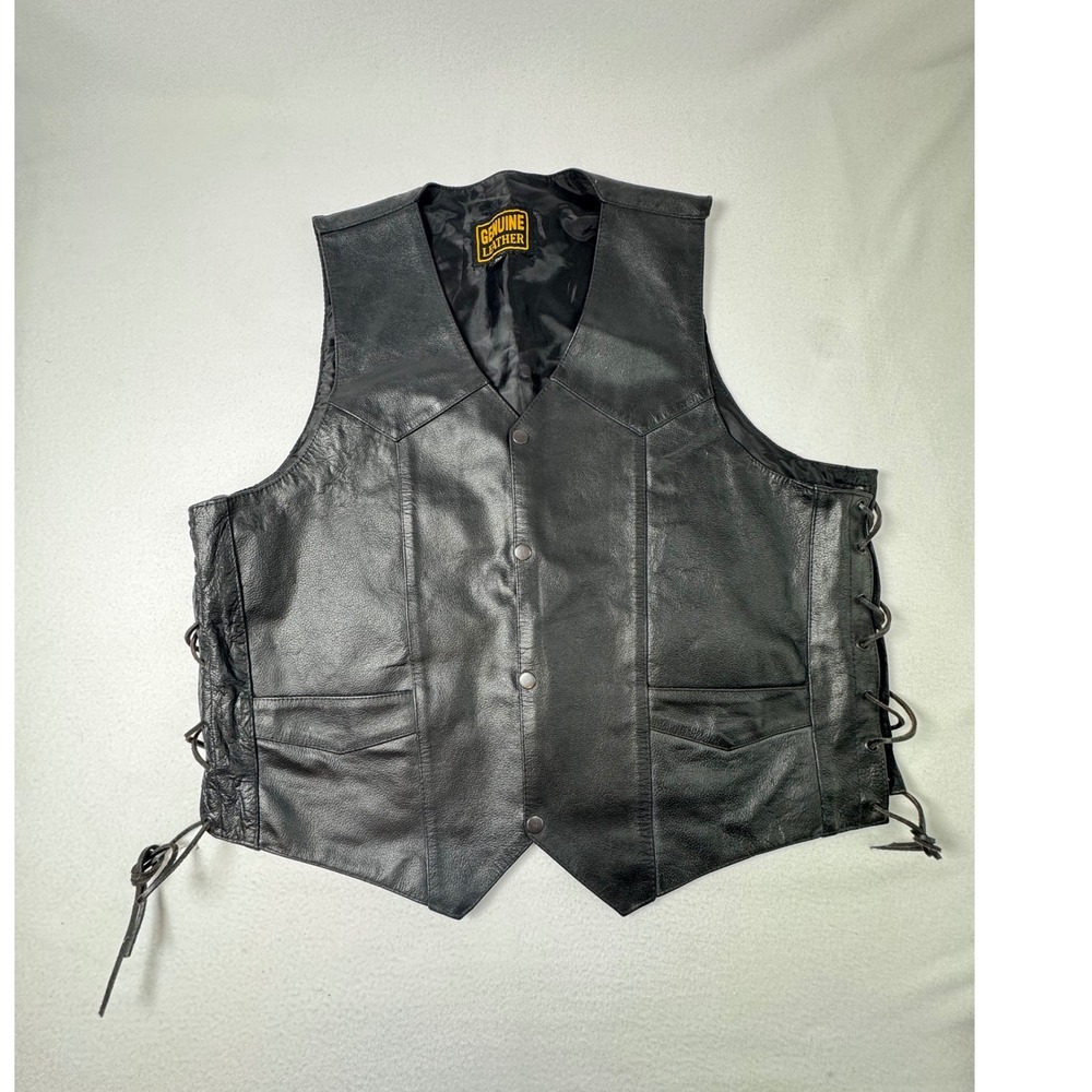 Biker Core Genuine Leather Mens 3XL Vest Black Side Lace Snap Front Motorcycle